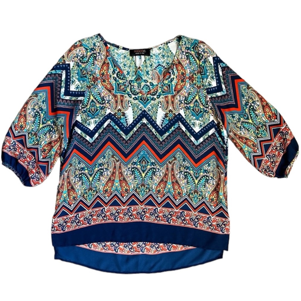 Renee C Boho Paisley Print V-Neck Semi Sheer 3/4 Sleeve Top XS